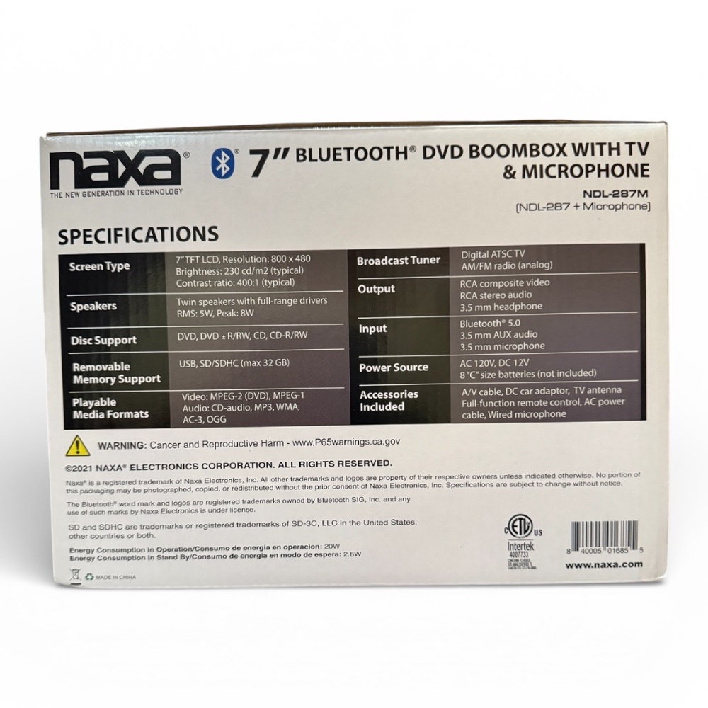 NAXA 7" Bluetooth DVD Boombox with TV & Microphone - NEW - Picture 2 of 2